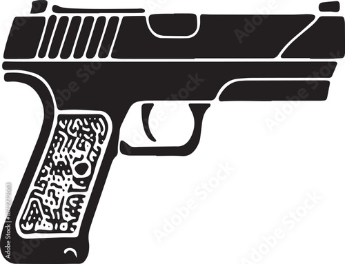 Black silhouette of a handgun with patterned grip and serrated slide pistol firearm