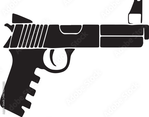 Black silhouette of a handgun with serrated slide and textured grip pistol firearm
