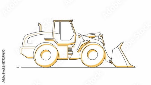 Line drawing of a front loader with yellow outline on a white background.