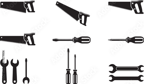Collection of black silhouette hand tools including saws screwdrivers and wrenches on white background