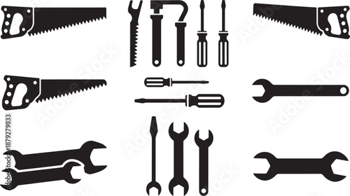 Collection of black silhouette hand tools including saws screwdrivers and wrenches
