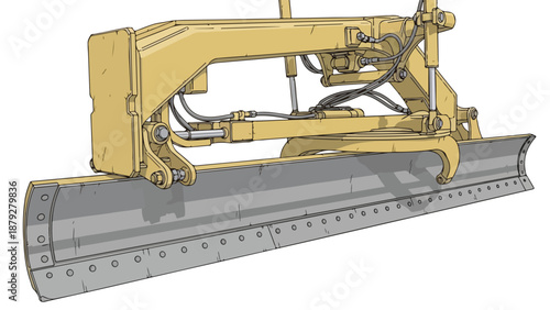 Close-up of a yellow bulldozer blade with hydraulic components on a white background.
