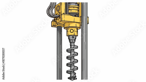 Close-up illustration of a yellow drilling machine with a spiral drill bit and metal rods on a white background.