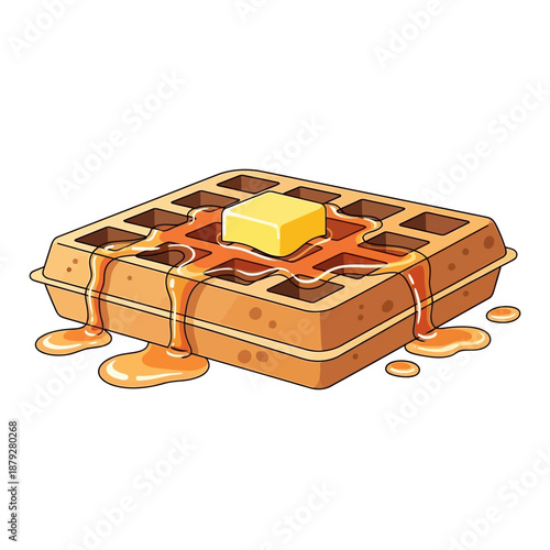 Waffle with butter and syrup on a breakfast plate