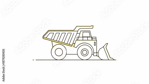 Line drawing of a yellow dump truck with a plow on a white background in a simple, illustrative style.