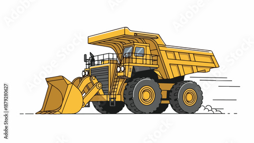 A yellow mining truck with a large scoop on the front driving on a plain white background with motion lines.