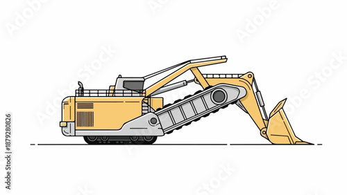 A side-view illustration of a yellow and gray excavator with a large bucket on a white background.