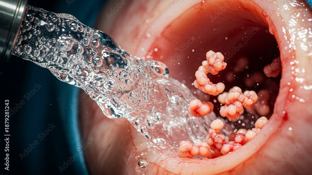 Fototapeta premium Nasal polyp removal Water jet spraying into pink organic structures inside a tube
