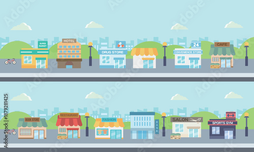 商店街の街並みイラスト – ローカルビジネスと日常風景