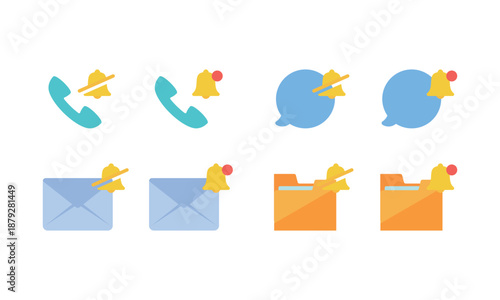 複数のプッシュ通知アイコンのイラスト – 電話・ファイル・メール・メッセージ