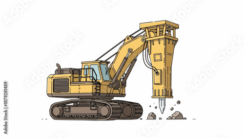 Illustration of a yellow excavator breaking concrete on a white background with a construction site theme.