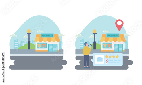 タブレットでお店を探すイラスト – 店舗検索とレビュー評価