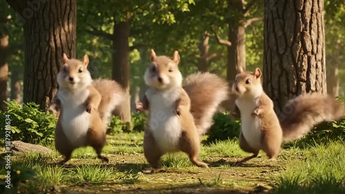 Adorable cartoon squirrels dancing together in a sunny forest clearing, bringing joy and fun to the scene