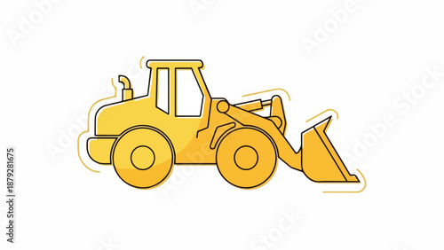 A simple line drawing of a yellow front loader or bulldozer with a raised bucket against a clean white background.