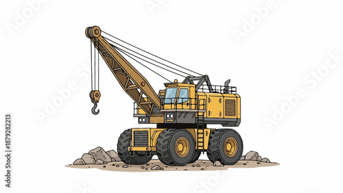 Illustration of a yellow construction crane with a hook and cable on a pile of rubble against a white background.
