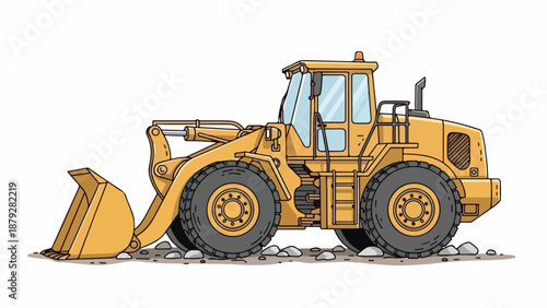 Illustration of a yellow front loader with a large bucket on a white background, surrounded by small rocks.