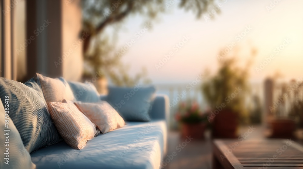 Fototapeta premium Breezy sofa with plush pillows on a scenic balcony overlooking a blurred landscape at sunset