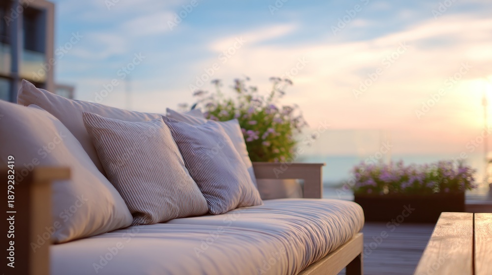 Fototapeta premium Comfy outdoor couch overlooks a soft, pastel sunset with flowers on a wooden deck