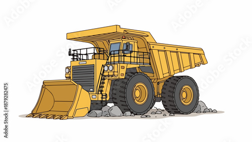 Illustration of a large yellow mining dump truck on rocks against a white background with industrial details.