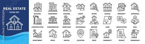 Real estate icon set collection. Icon pack contains property, housing, building, apartment, condo, land, mortgage, rental, tenant, affordable