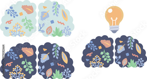 脳と植物で表現する創造性のイラスト – 発想・思考・アイデアの成長