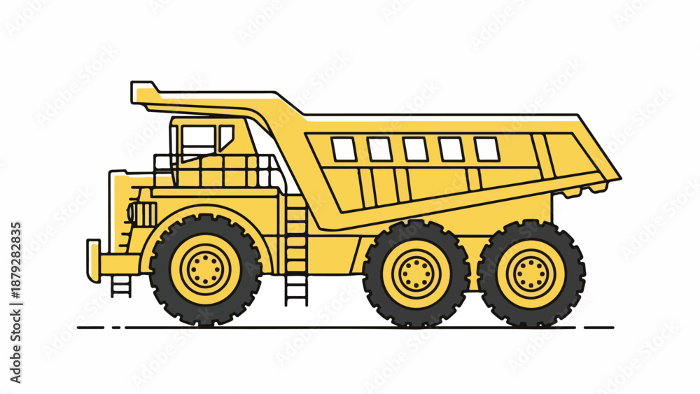 Fototapeta premium A yellow dump truck with a large bed and wheels on a white background in a simple line drawing style.