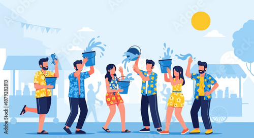 Celebrating Songkran festival with water splashing joy in vibrant Thailand illustration