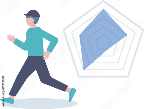 走る男性とレーダーチャートのイラスト – フィットネスとステータス可視化