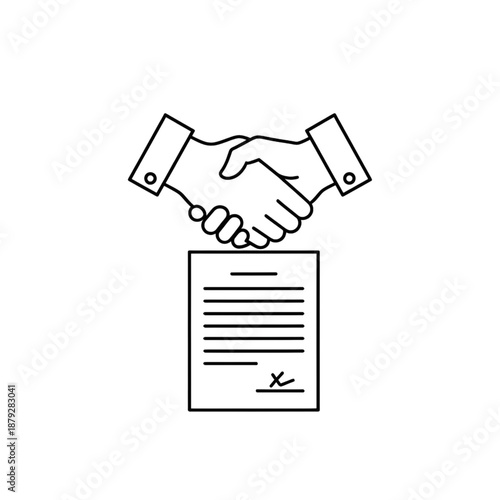 Contract Agreement and Business Partnership Handshake Icon - Professional Deal Closing, Legal Document Signing, and Corporate Success Illustration