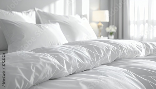 Serene Bedroom Scene - Crisp White Bedding and Soft Lighting.