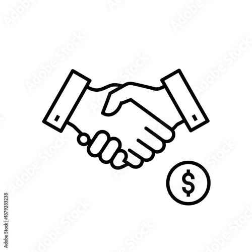 Business Handshake Icon with Dollar Coin – Symbolizing Financial Agreement, Partnership, Investment Deal, Successful Contract, and Corporate Merger – Minimalist Black Line Art Vector Illustration