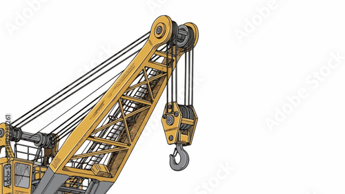 Detailed illustration of a yellow construction crane with a hook and pulley system against a clean white background.