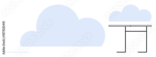 Technology, remote work, cloud storage, minimalist office setup, digital workspace, data management. Simplistic design with large clouds and desk. Cloud computing and remote work concept