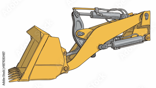 A detailed illustration of a yellow excavator arm with a bucket and hydraulic cylinders on a white background.