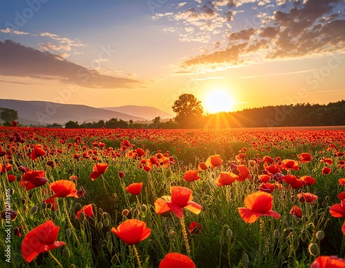 Vibrant Poppy Field at Sunset - A Serene Landscape Painting.