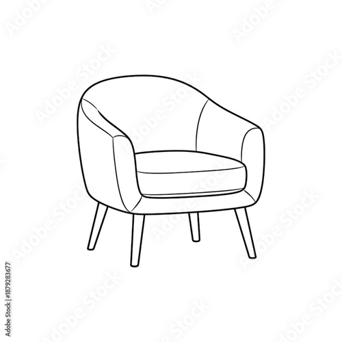 mid century modern accent armchair line art illustration - minimalist tub chair with tapered wooden legs - contemporary upholstered club chair drawing for interior design and home decor