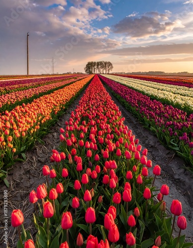 Vibrant Tulip Fields at Sunrise - A Colorful Dutch Landscape.