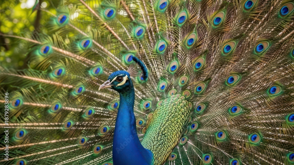 Obraz premium Magnificent Peacock Displaying its Iridescent Plumage in a Verdant Environment