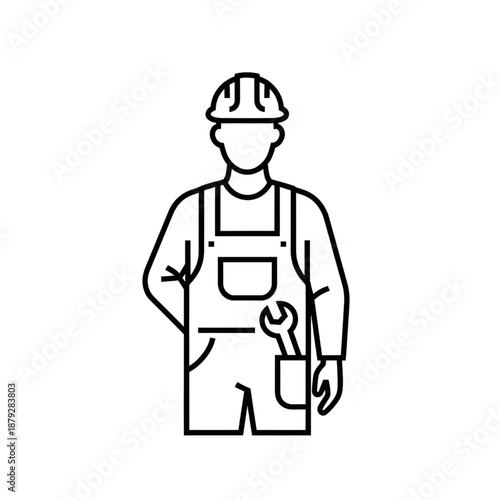 construction worker line icon - professional handyman in overalls with hard hat and wrench - industrial maintenance technician and builder avatar - minimalist repair service man vector illustration