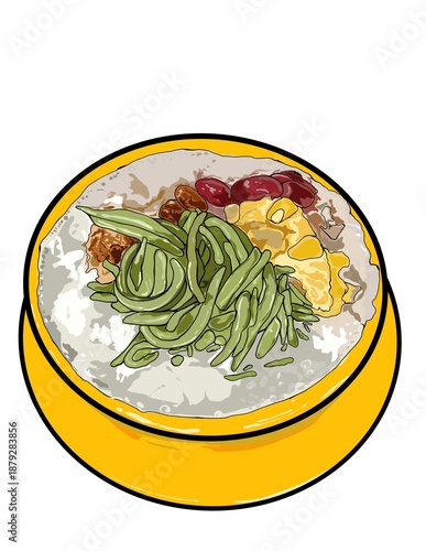 Illustration of ice blended with coconut cream, creamy corn, red bean and green jelly.
