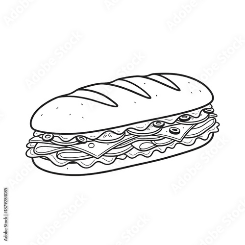 delicious submarine sandwich line art illustration - minimalist long baguette hoagie with ham cheese and vegetables - fresh deli sub sandwich doodle for cafe menu and food design