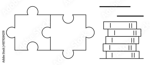 Two interlocking puzzle pieces beside a stack of coins representing teamwork, problem-solving, synergy, strategy, growth, innovation, and business planning. Ideal for a clean, simple flat metaphor