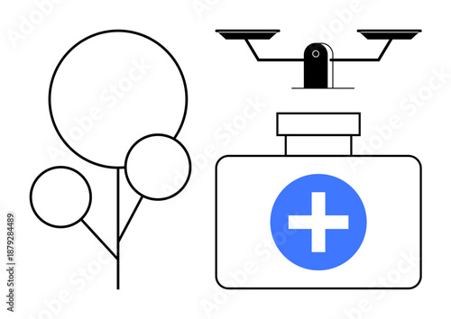 Healthcare logistics, quadcopter delivery, telemedicine, sustainable solutions, emergency services, technology innovation. A Quadcopter carrying a medical box and abstract nature elements. Healthcare