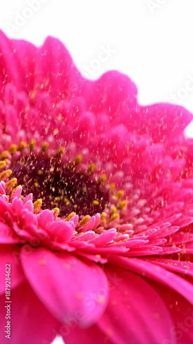 Bright Pink Gerbera Daisy Close Up Blooming With Falling Pollen Motion Background