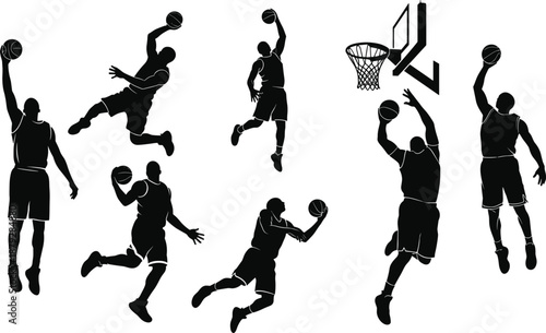 Basketball dunk silhouette illustration, black vector design, jump pose, hoop scoring, athletic motion, sports energy, dynamic player, slam dunk art