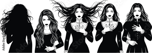 Gothic women silhouette vector, vintage fashion pose, black illustration, ornate attire, dramatic hair, mysterious aesthetic, artistic figure