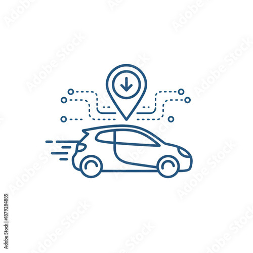 Smart Car Tracking and GPS Navigation Vector Icon - Connected Vehicle Technology with Location Pin and Digital Data Signal Line Art Illustration