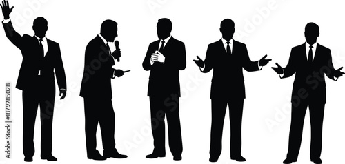 Business communication silhouette vector, professional gesture pose, black illustration, public speaking icon, formal attire, presentation stance, corporate