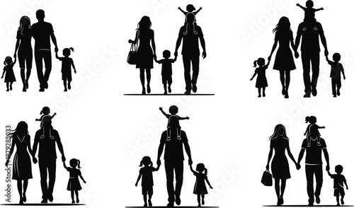 Family walking silhouette vector, parents and children pose, black illustration, unity icon, parental care, bonding moment, lifestyle
