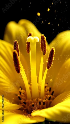 Bright Yellow Lily Blossom Releasing Pollen in Time Lapse Sequence on Black Background